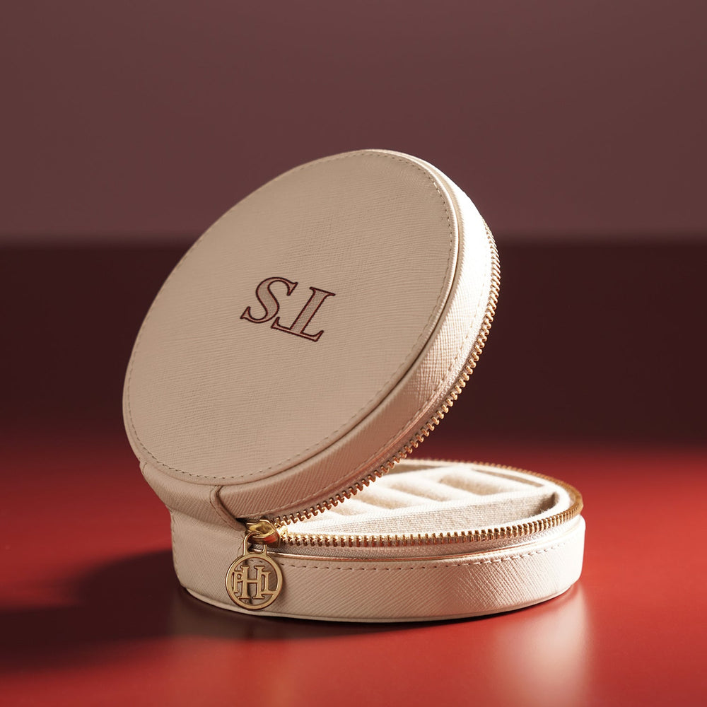 Cream Round Faux Leather Travel Jewellery Box