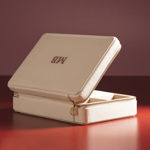 Cream Rectangule Faux Leather Jewellery Box - Large