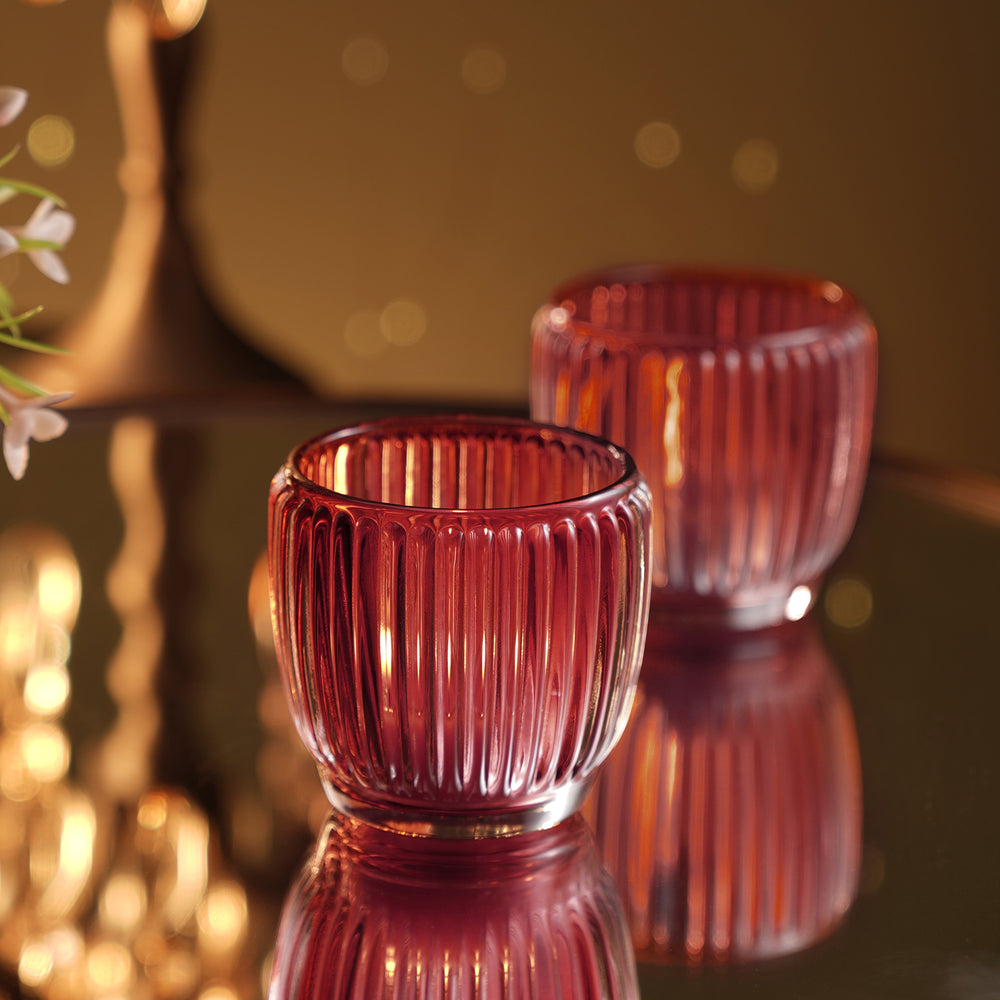 Set of 4 Maroon Glass Ribbed Tealight Holders - Small