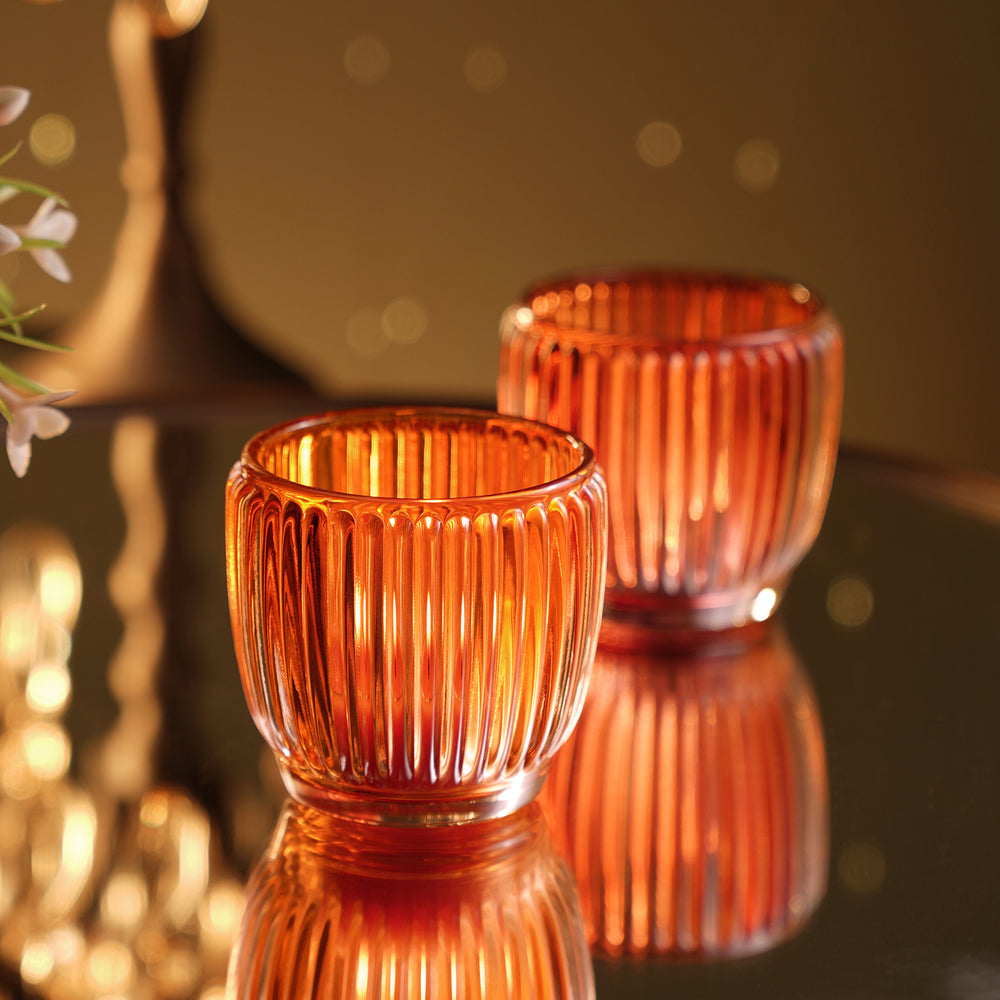 Set of 4 Orange Glass Ribbed Tealight Holders - Small