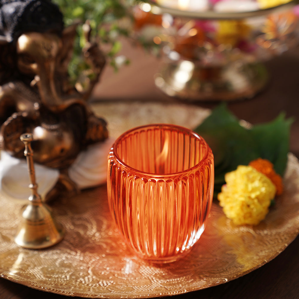 Set of 2 Orange Glass Ribbed Tealight Holders - Large
