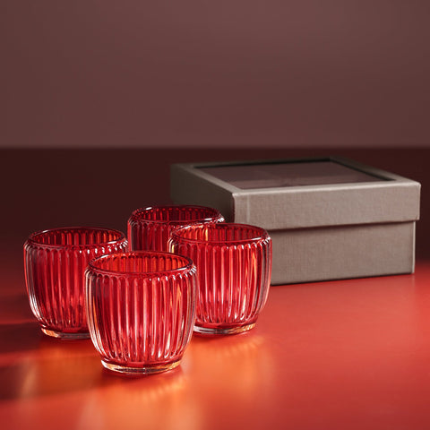 Set of 4 Red Glass Ribbed Tealight Holders - Small