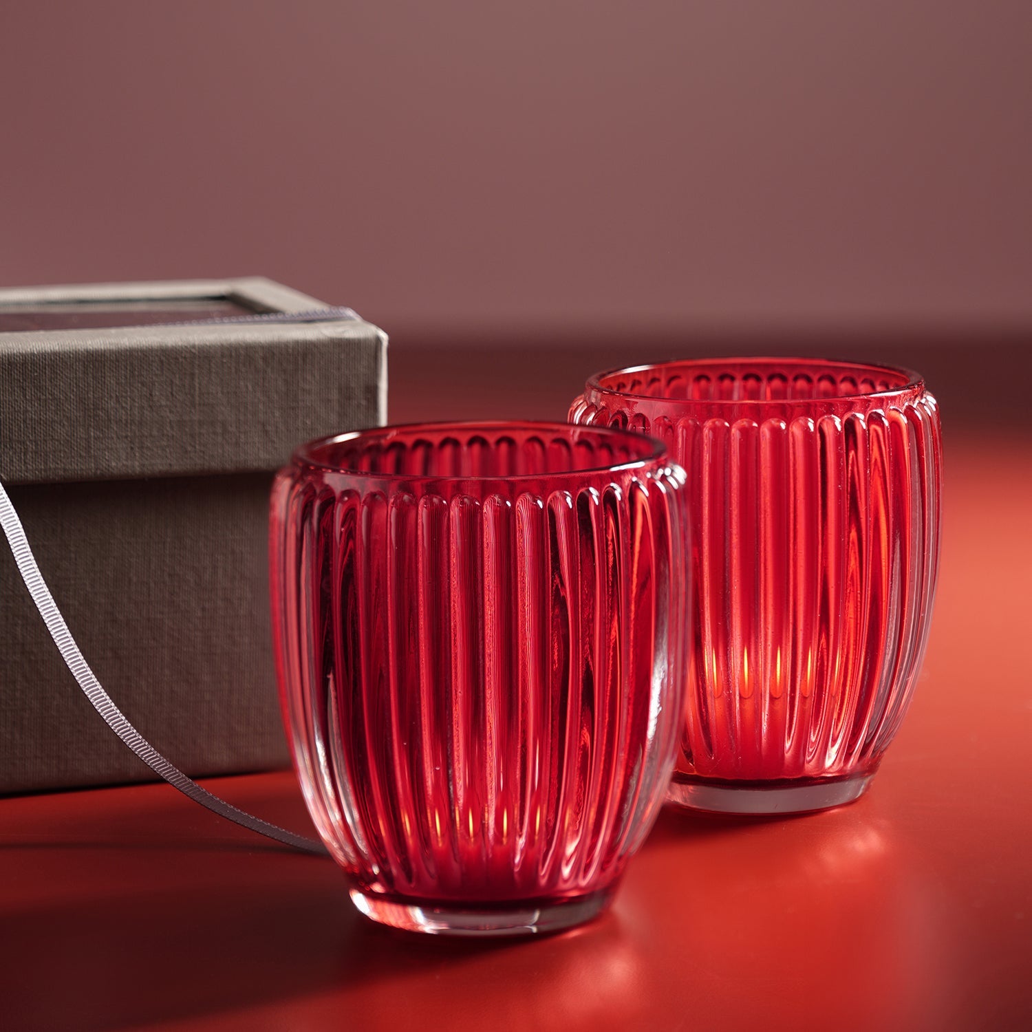 Mini Ribbed Tea Lights Set of 2 Red Glass Ribbed Tealight Holders - Large