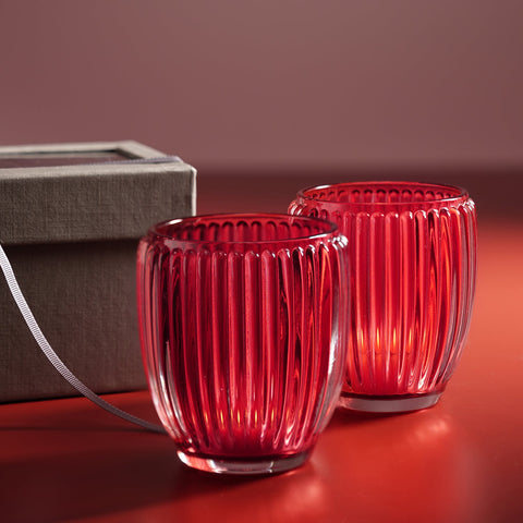 Set of 2 Red Glass Ribbed Tealight Holders - Large