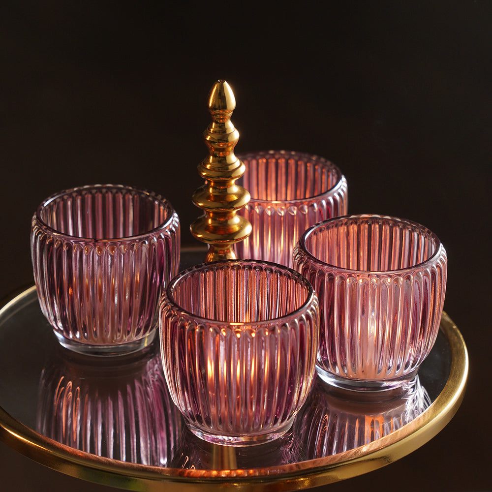 Set of 4 Maroon Glass Ribbed Tealight Holders - Small