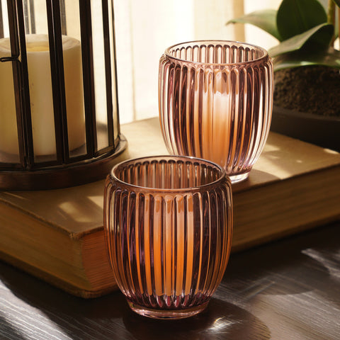 Set of 2 Maroon Glass Ribbed Tealight Holders - Large