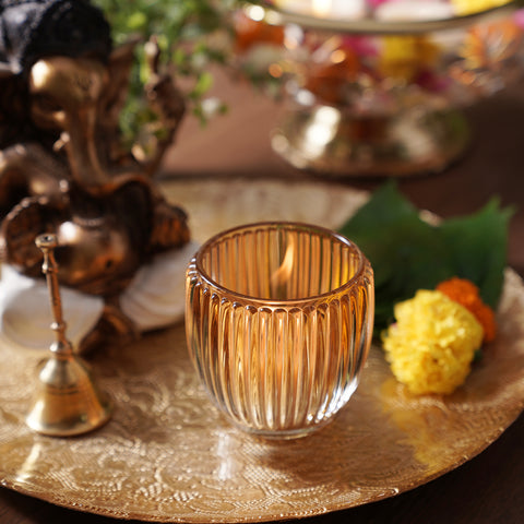 Set of 4 Light Amber Glass Ribbed Tealight Holders - Small