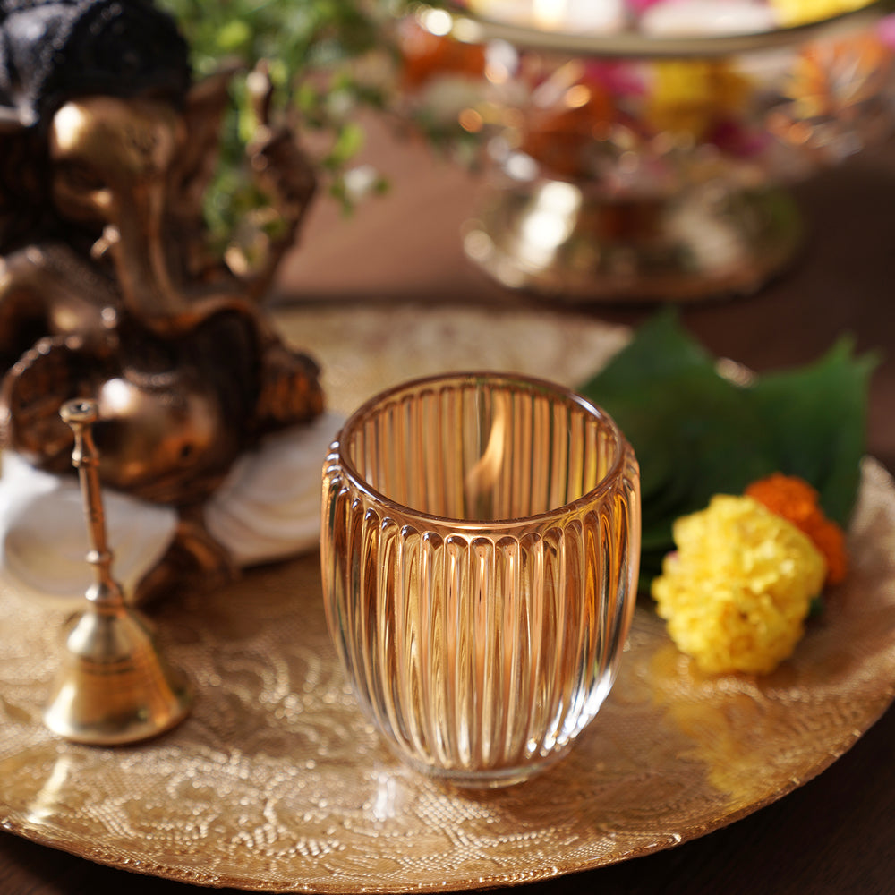 Set of 2 Light Amber Glass Ribbed Tealight Holders - Large