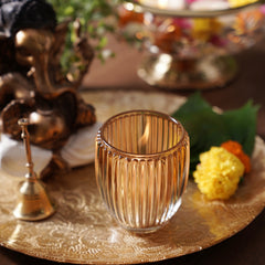 Set of 2 Light Amber Glass Ribbed Tealight Holders - Large
