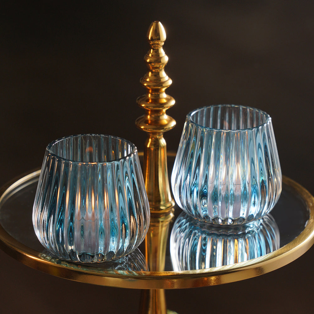 Set of 2 Teal Ribbed Glass Tealight Holders - Small