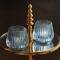 Set of 2 Teal Ribbed Glass Tealight Holders - Small
