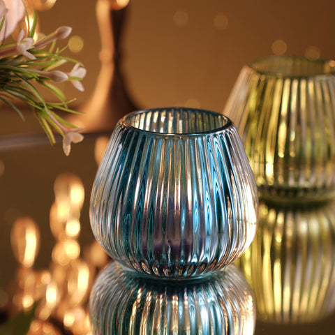 Teal Glass Ribbed Tealight Holder
