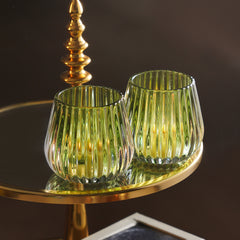 Set of 2 Green  Ribbed Glass Tealight Holders - Small