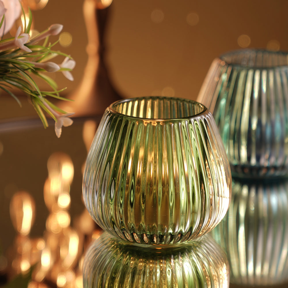 Dark Green Glass Ribbed Tealight Holder