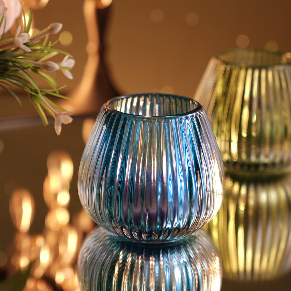 Dark Blue Glass Ribbed Tealight Holder