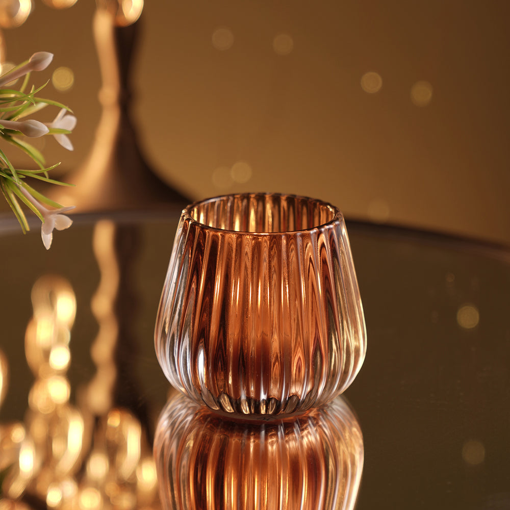 Set of 2 Dark Amber Ribbed Tealight Holders