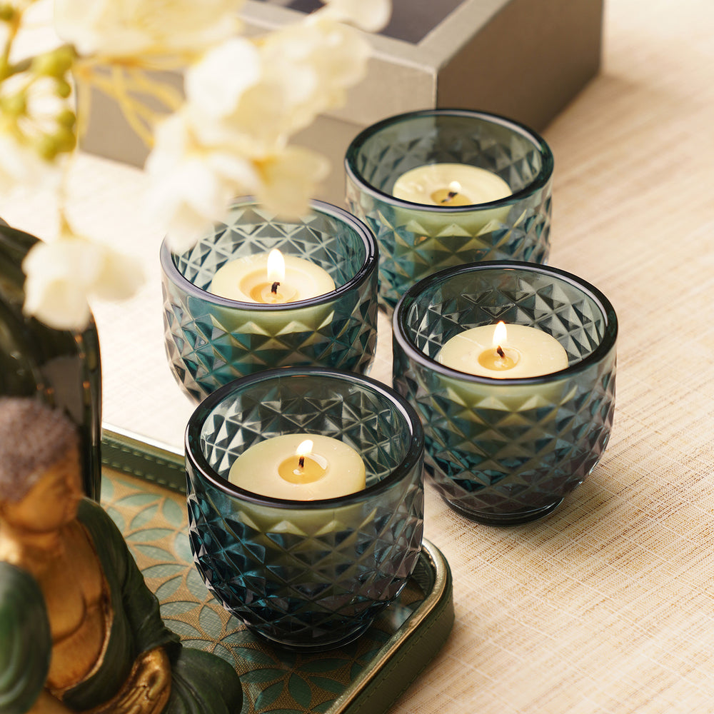 Set of 4 Teal Diamond Cut Tealight Holders