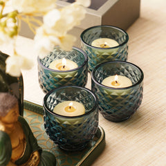 Set of 4 Teal Diamond Cut Tealight Holders