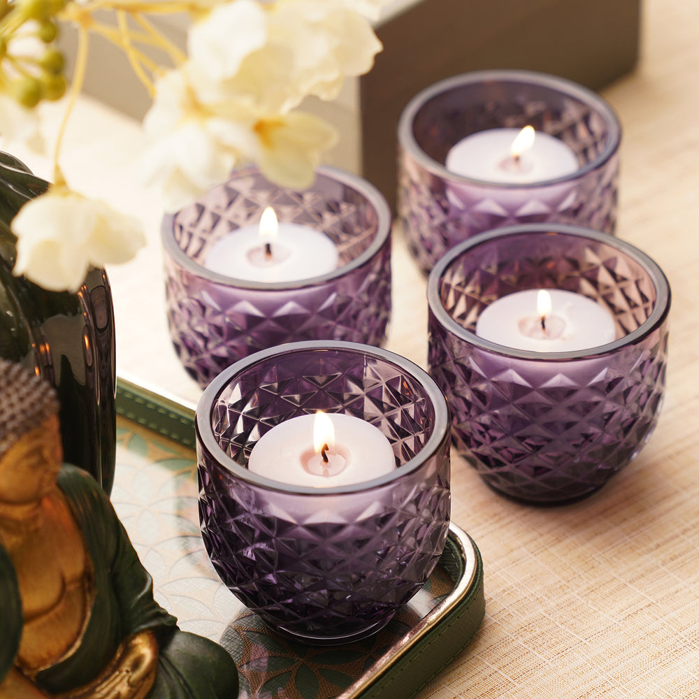 Set of 4 Purple Diamond Cut Tealight Holders