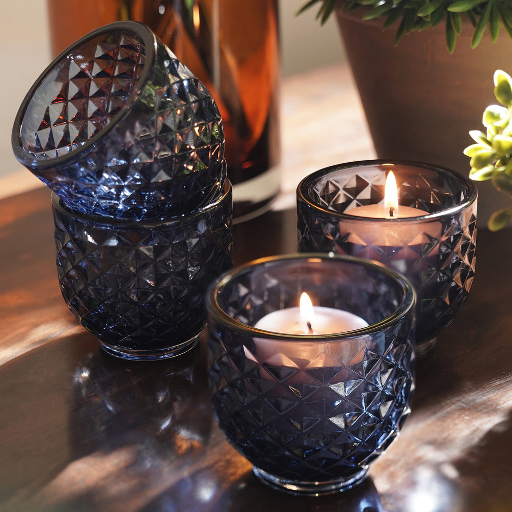 Set of 4 Blue Diamond Cut Tealight Holders