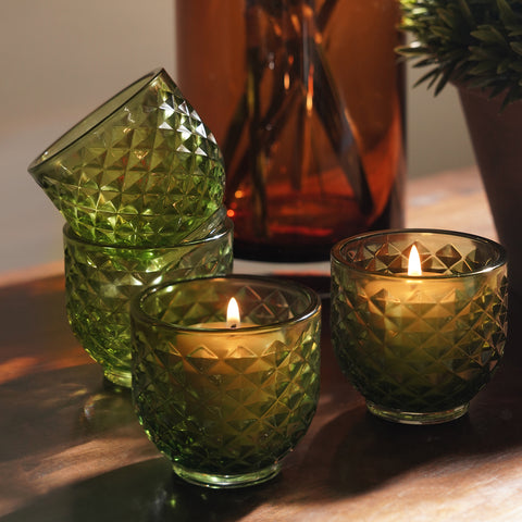 Set of 4 Green Diamond Cut Tealight Holders