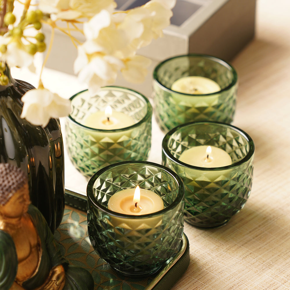 Set of 4 Dark Green Diamond Cut Tealight Holders