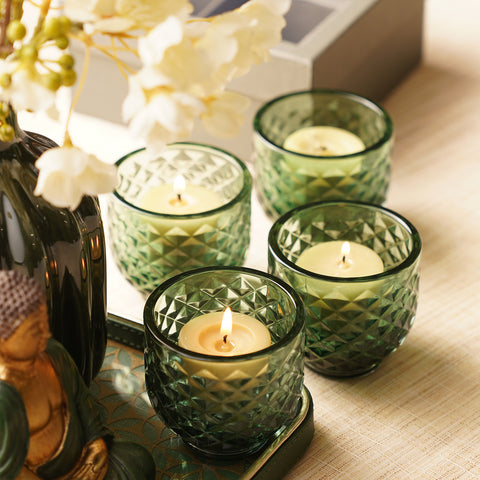 Set of 4 Dark Green Diamond Cut Tealight Holders