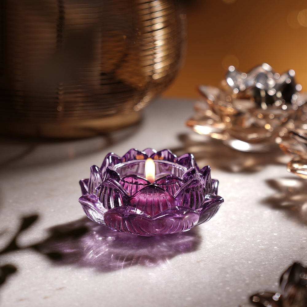 Set of 2 Purple Glass Floral Shaped Tealight Holders