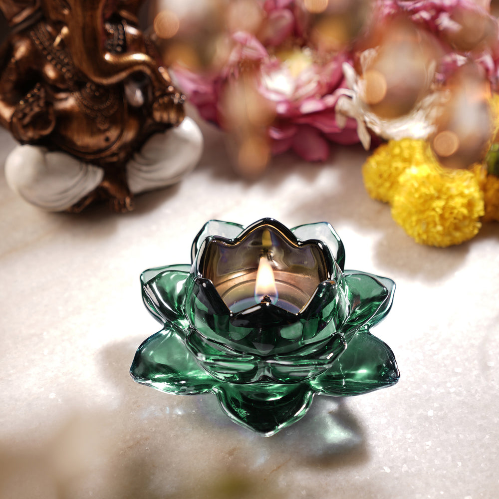 Set of 2 Dark Green Glass Lotus Shaped Tealight Holders