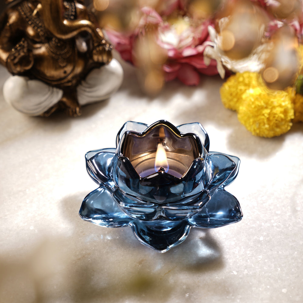 Set of 2 Blue Glass Lotus Shaped Tealight Holders