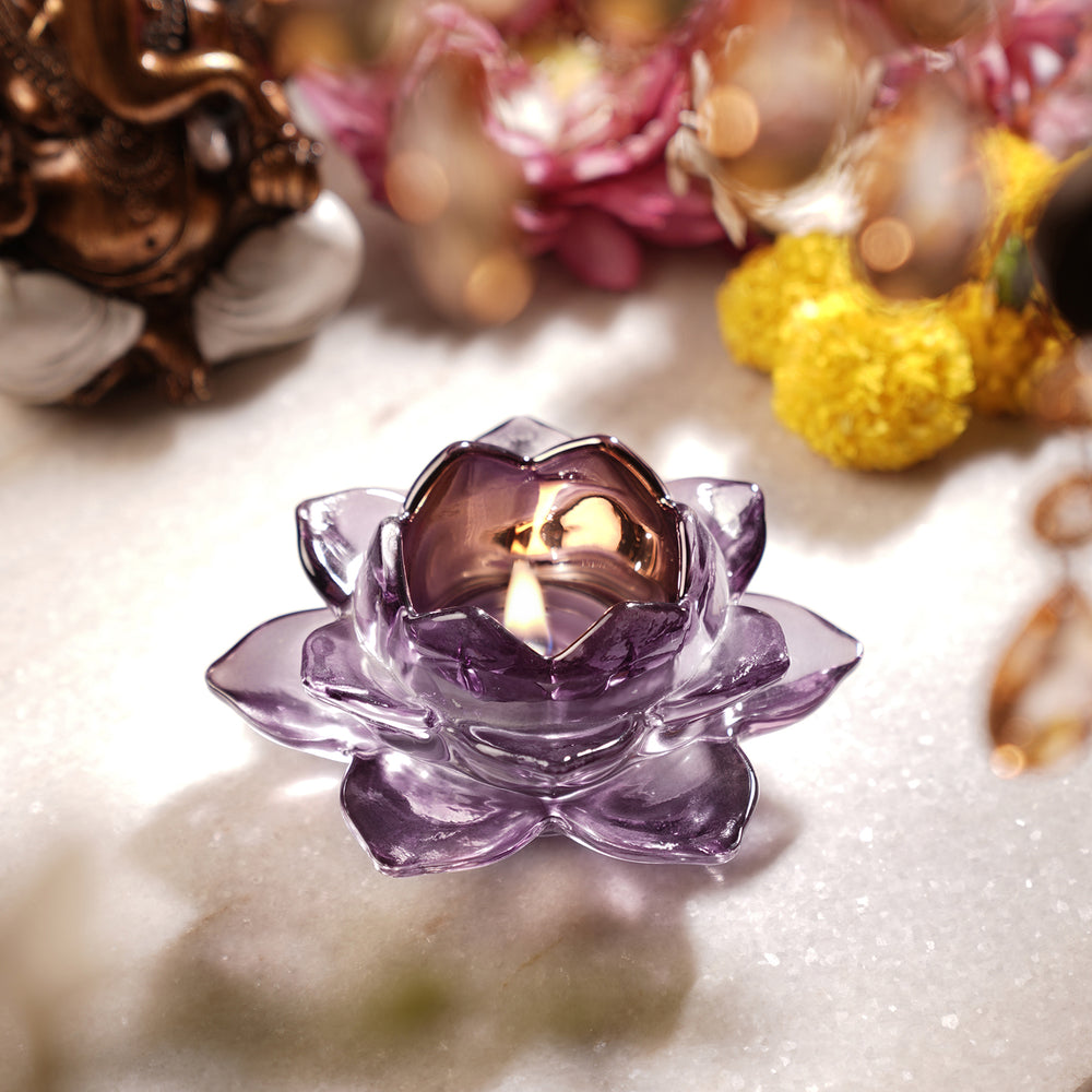 Set of 2 Purple Glass Lotus Shaped Tealight Holders