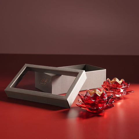 Set of 2 Red Glass Lotus Shaped Tealight Holders
