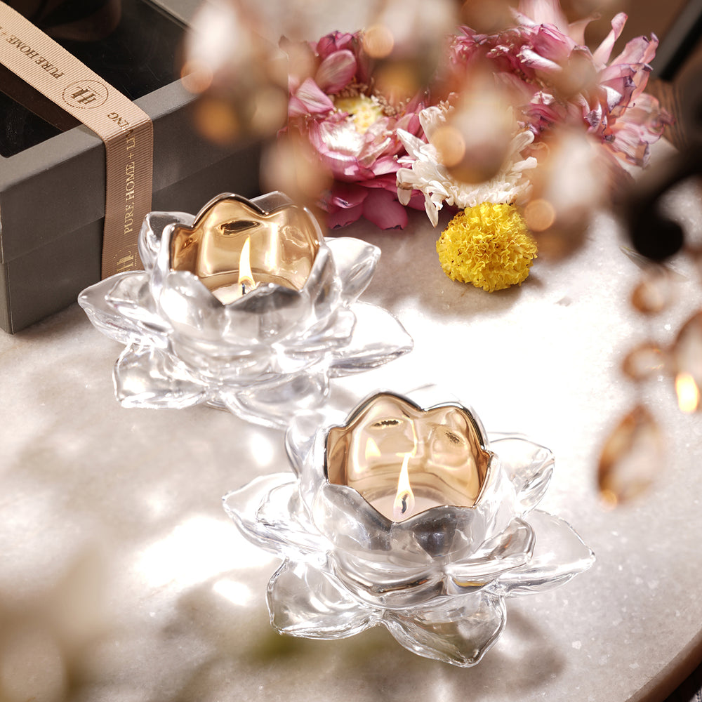 Set of 2 Clear Glass Lotus Shaped Tealight Holders