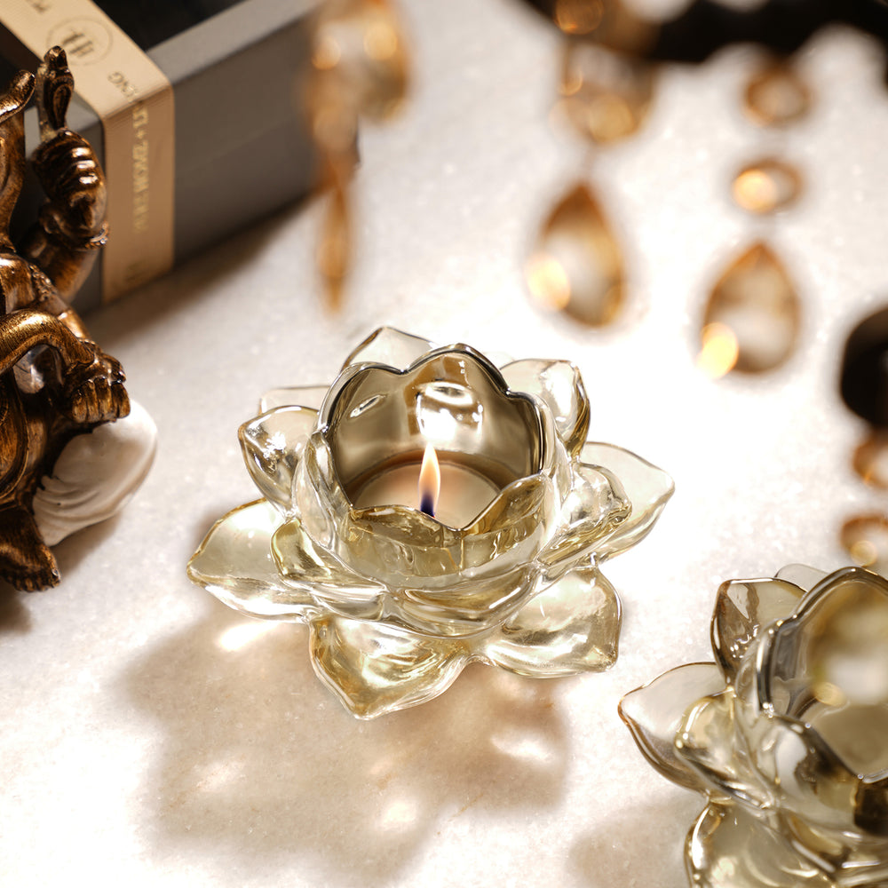 Set of 2 Light Amber Glass Lotus Shaped Tealight Holders