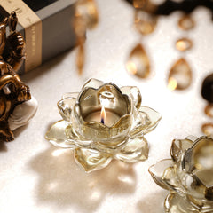 Set of 2 Light Amber Glass Lotus Shaped Tealight Holders