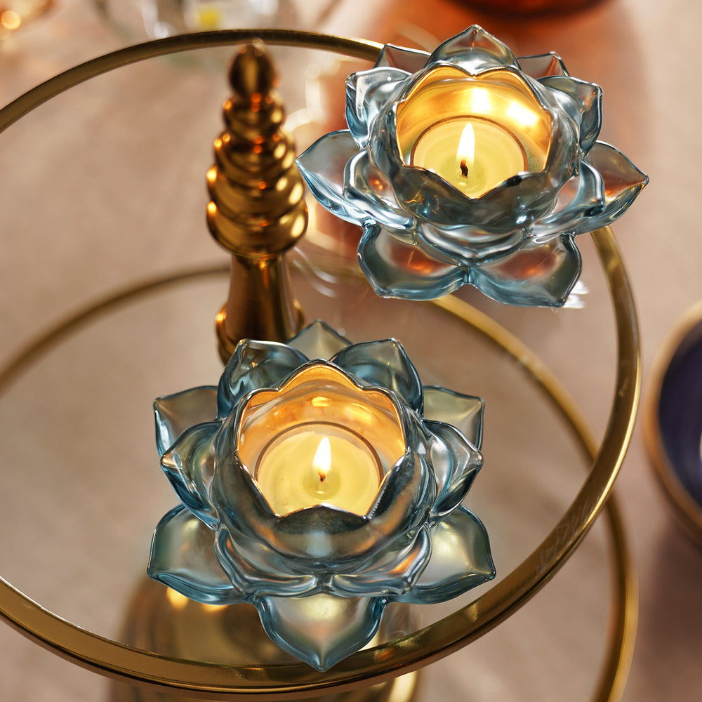 Set of 2 Teal Glass Lotus Shaped Tealight Holders