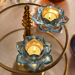 Set of 2 Teal Glass Lotus Shaped Tealight Holders