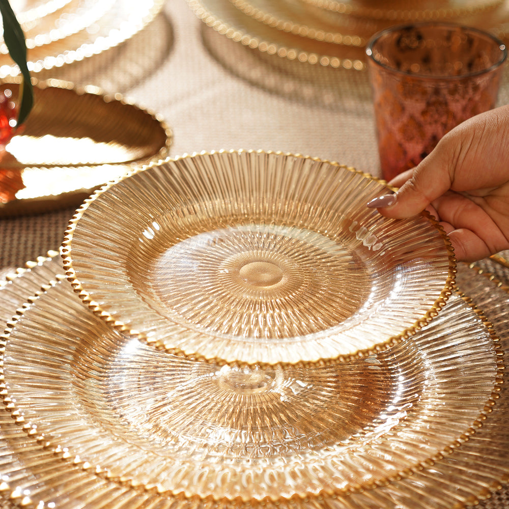 Set of 2 Amber and Gold Ribbed Dessert Plates