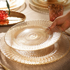 Set of 2 Amber and Gold Ribbed Dinner Plates