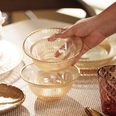 Set of 2 Amber and Gold Ribbed Side Bowls