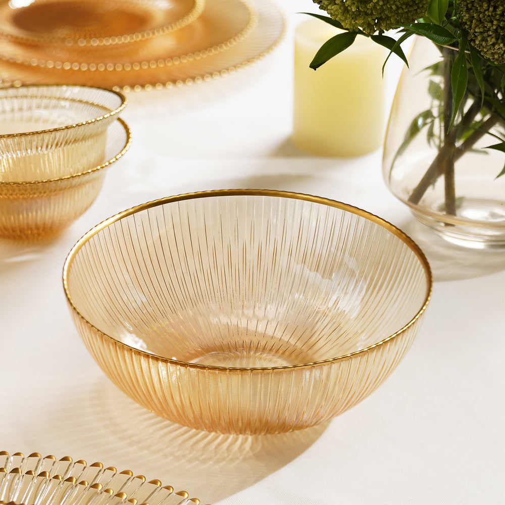 Amber and Gold Ribbed Serving Bowl
