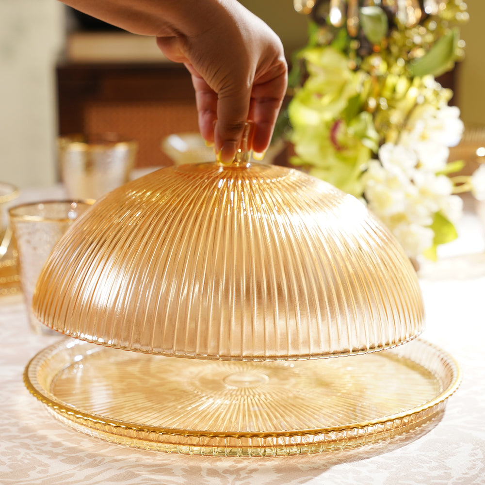 Gold Ribbed Glass Cloche with Base Plate