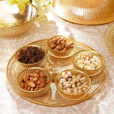 Set of 5 Gold Ribbed Bowls with Plate