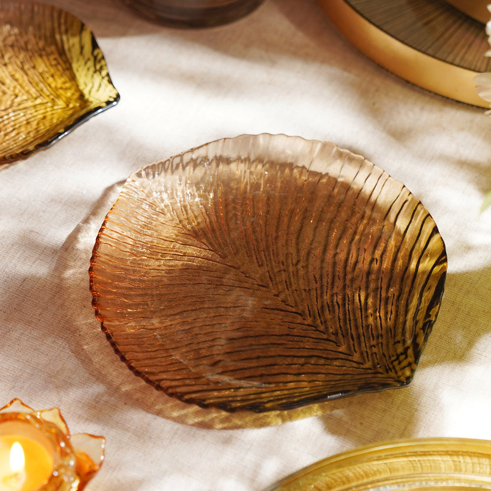Brown Leaf Shaped Glass Platter - Medium