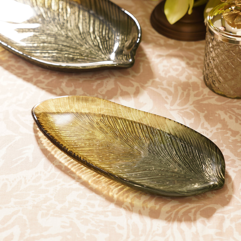 Green Leaf Shaped Glass Platter - Large