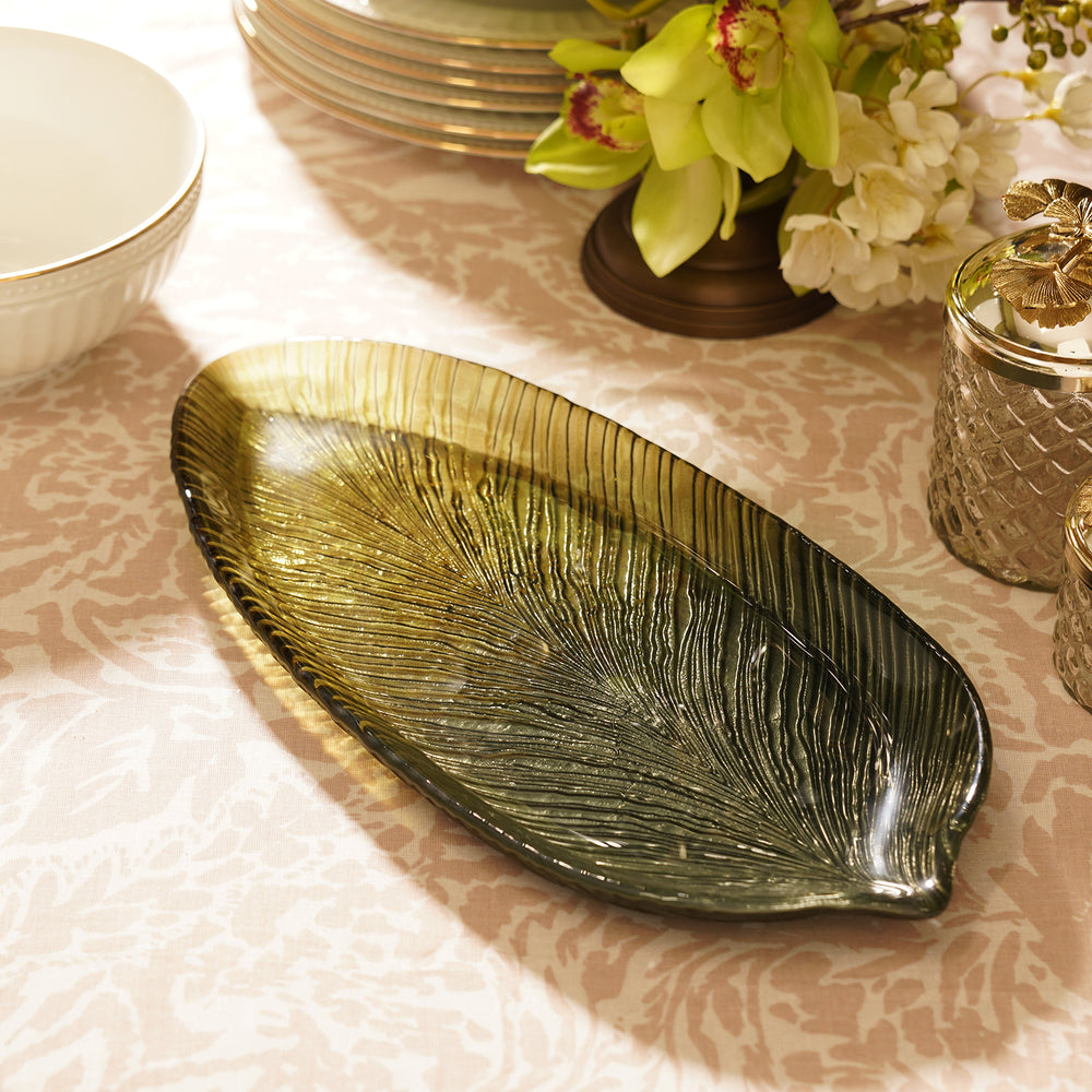 Green Leaf Shaped Glass Platter - Extra Large