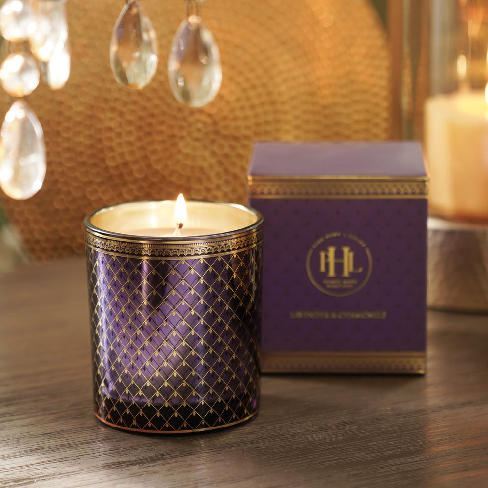 Lavender & Chamomile Printed Glass Jar Candle - Purple