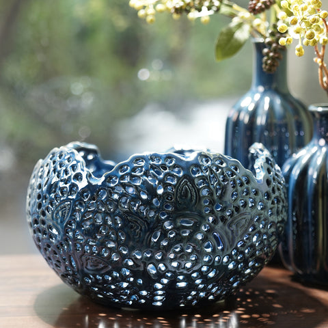 Dark Blue Lattice Ceramic Vase - Small
