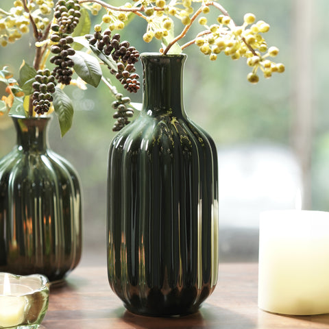 Dark Green Ribbed Tall Ceramic Vase - Large