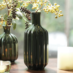 Dark Green Ribbed Tall Ceramic Vase - Large